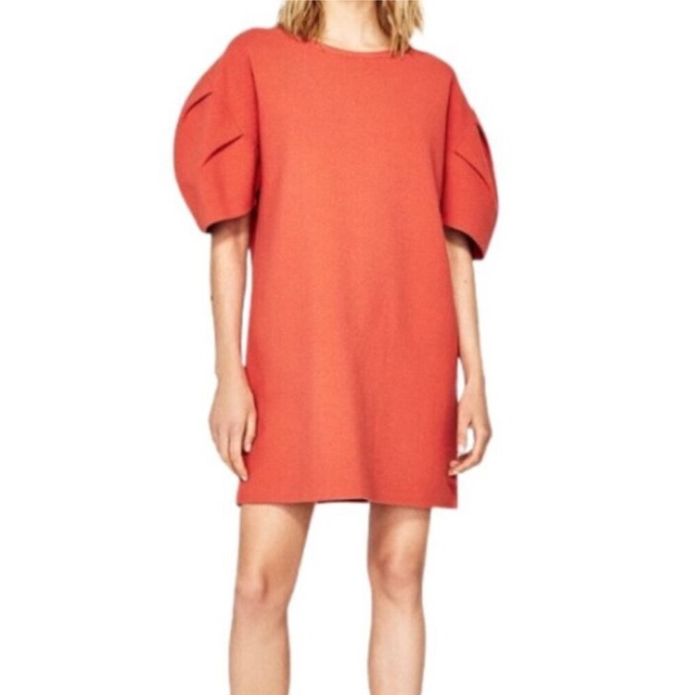 Zara Knit Coral Pink Tulip Sleeve Mini Dress - Size S
